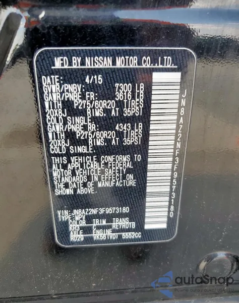 2015 Infiniti Qx80 из США, поврежденный, VIN JN8AZ2NF3F9573180